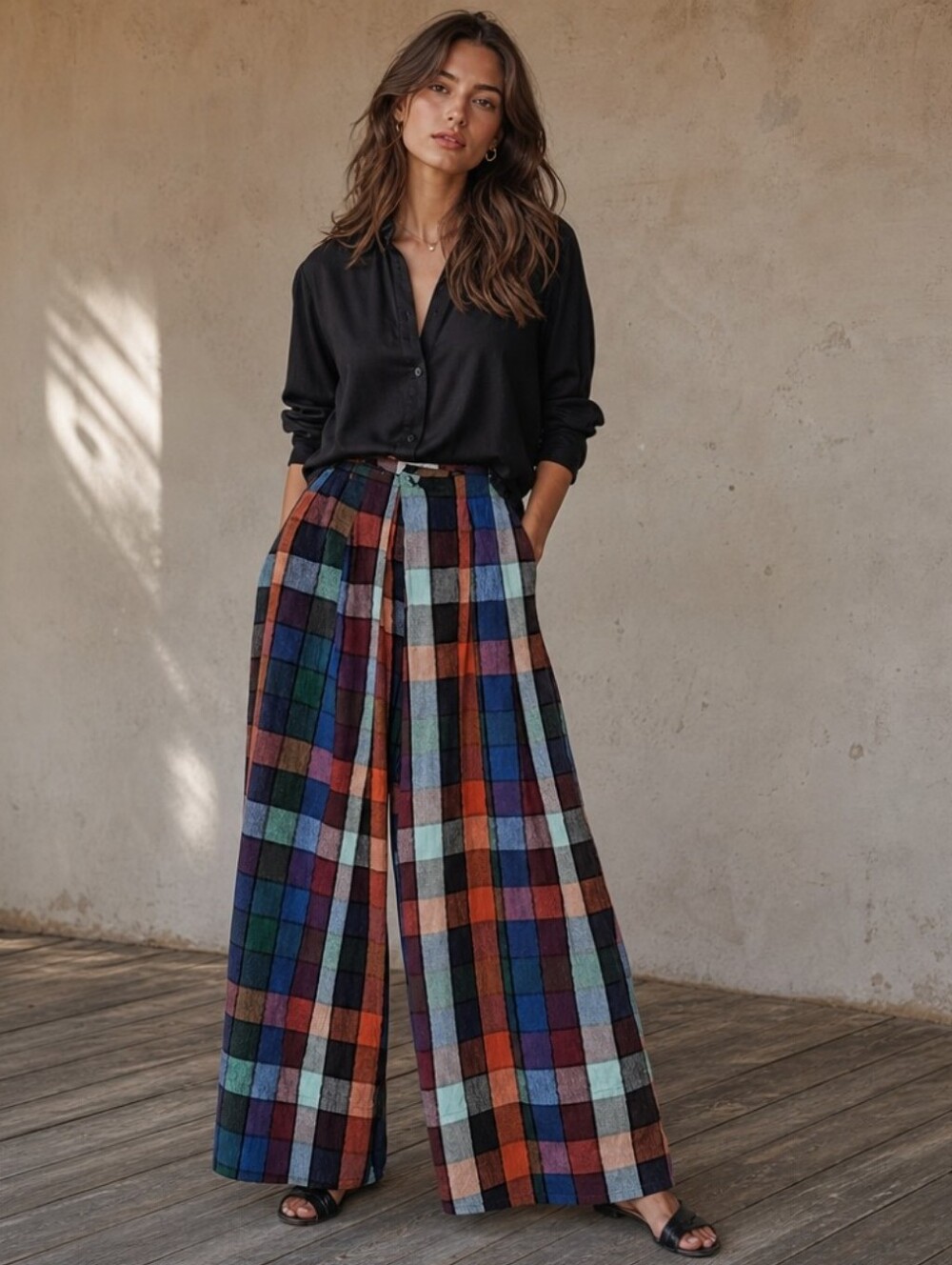 RUJUTA SHETH New York Frida wide leg multicolored check pants XL
